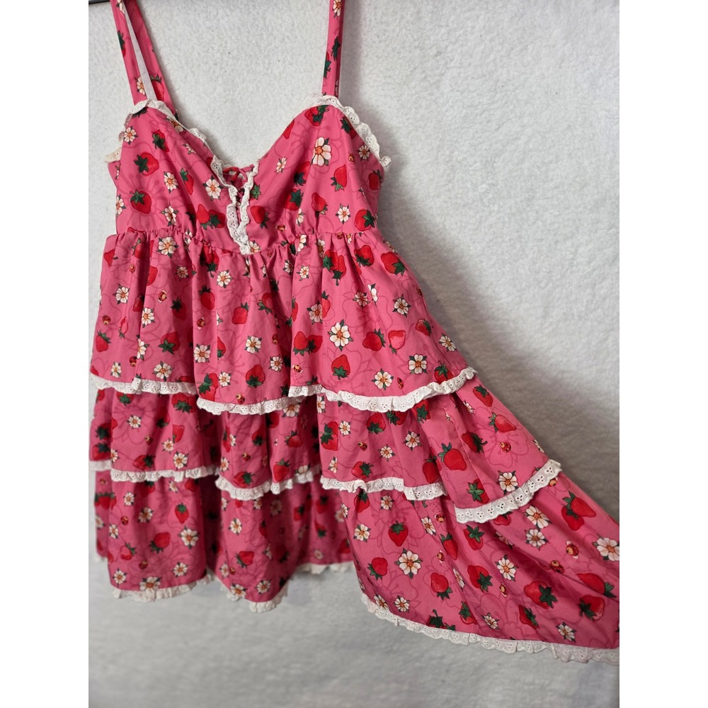 Dolls Kill x Strawberry Shortcake Pink Tiered Ruffle Mini Dress Eyelet Lace M - Picture 4 of 14